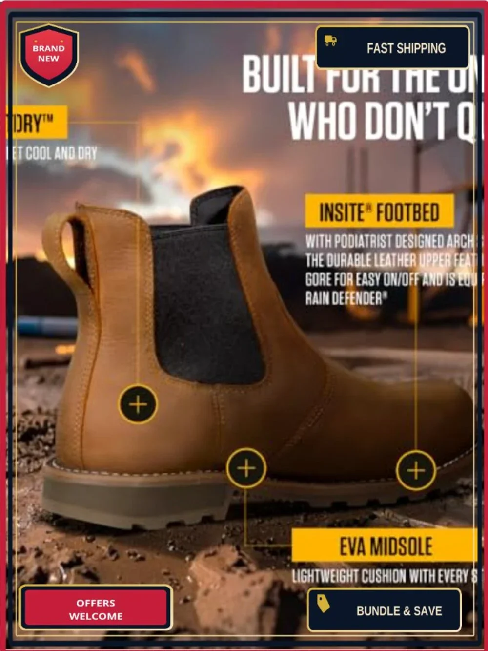 Steel Toe Chelsea Work Boot, Leather, Slip-On, Water Resistant, Safety Toe